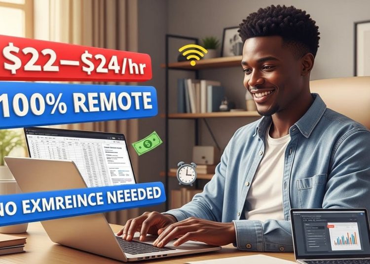 A modern, high-resolution digital illustration of a young professional working comfortably from home on a laptop, smiling confidently while sitting in a clean, stylish home office. On the laptop screen, visible spreadsheets and data entry dashboards. Floating bold text elements saying “$22–$24/hr”, “100% REMOTE”, and “NO EXPERIENCE NEEDED” in bright, attention-grabbing colors. Include subtle icons for money, Wi-Fi, clock, and laptop. Lighting should be bright and optimistic, with a professional remote-work atmosphere. Clean background, minimal clutter, ultra-sharp focus, realistic style, designed for high click-through rate and trust.